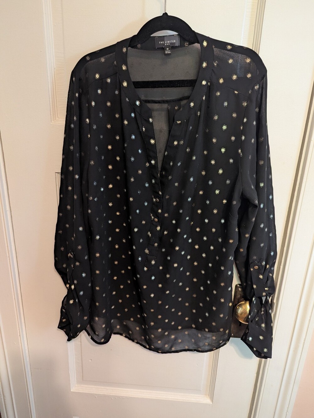 The Limited Black Sheer Blouse with Gold Dot Accents